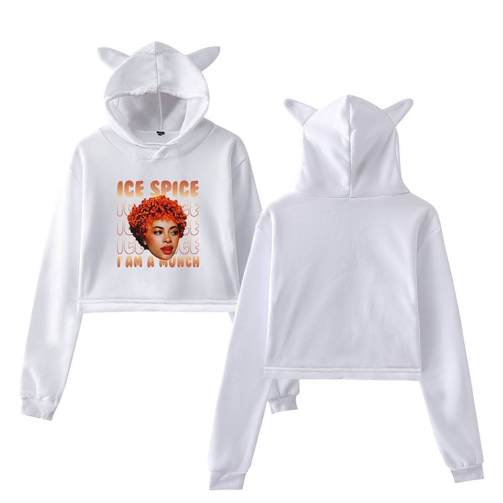 Ice Spice hoodie with a graphic of the rapper and the text "Ice Spice" and "I Am A Munch" on the front, featuring animal-like ears on the hood.