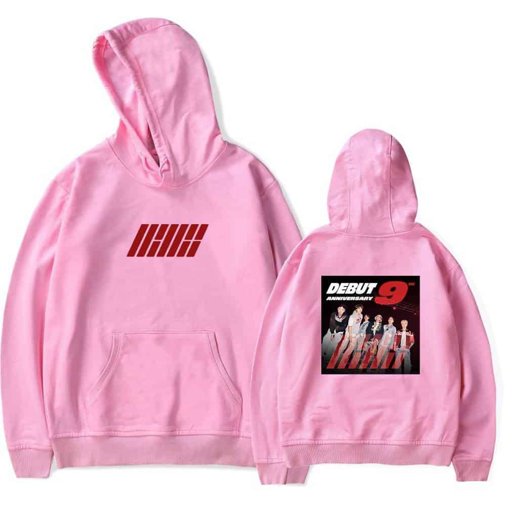 IHHH logo on front, group of people with "Debut 9th Anniversary" on back, pink hooded sweatshirt, casual streetwear merchandise, celebrating a music group's milestone.