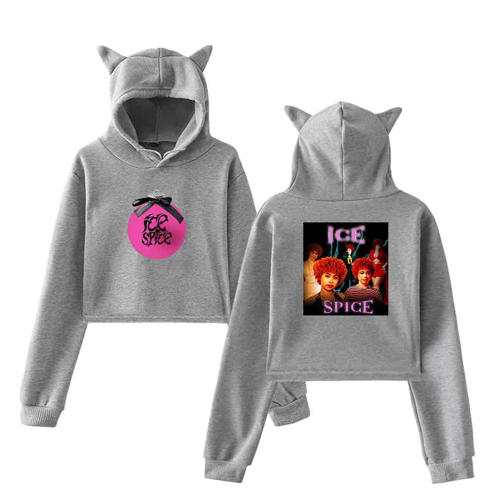 Pink circle with black bow and "Ice Spice" text on front, graphic of the music group on back.