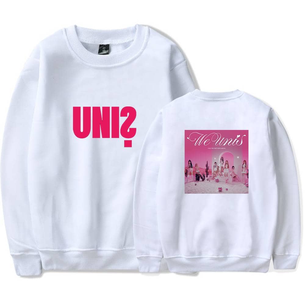 UNI2 sweatshirt with bold pink text on the front and a pink-themed graphic on the back featuring a group of women in a desert scene. Perfect for fans of trendy, stylish merch.