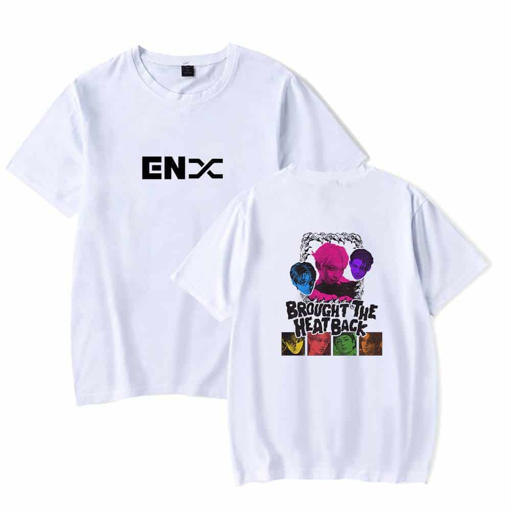 ENX logo and colorful graphic T-shirt featuring a pop art design with the phrase "Brought The Heat Back" and images of different faces.