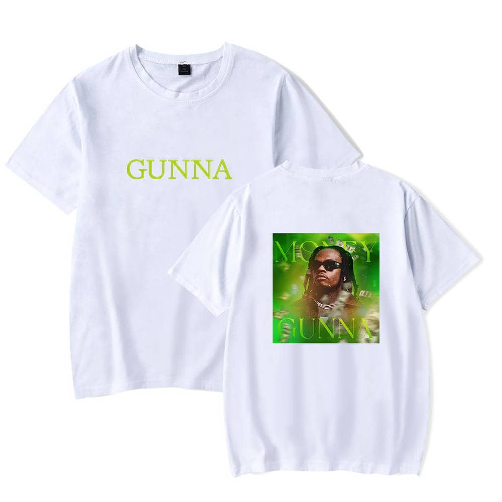 GUNNA white T-shirt with bold text and graffiti-style graphic featuring the artist.
