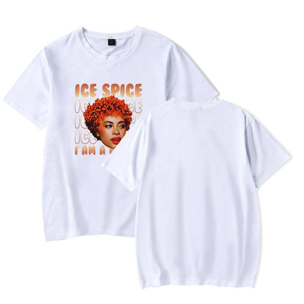 Bright white t-shirt featuring a vibrant graphic of a woman with curly orange hair and bold text "ICE SPICE" and "I AM A". Perfect for casual wear and music fans of Ice Spice. High-quality, comfortable fabric.