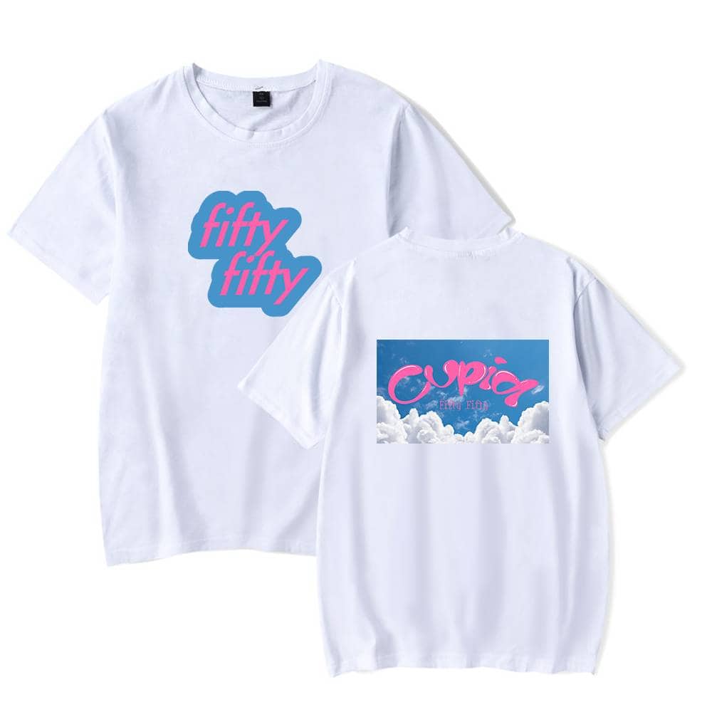 Fifty fifty t-shirt with colorful text and cloud background, casual apparel, trendy streetwear, comfortable unisex tee, stylish graphic t-shirt for men and women.