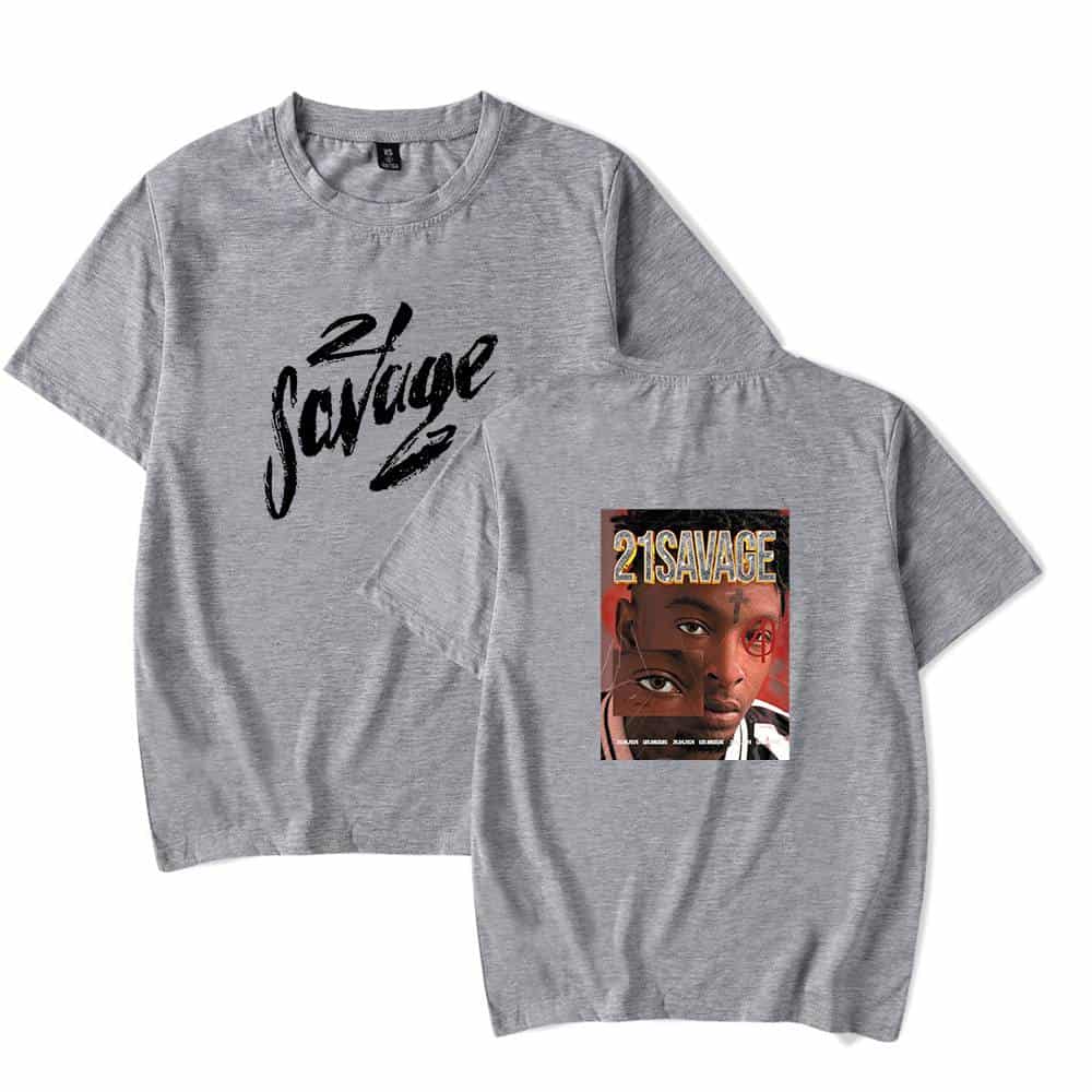 Bold graphic t-shirt with "21 Savage" text and portrait artwork, unisex gray tee.