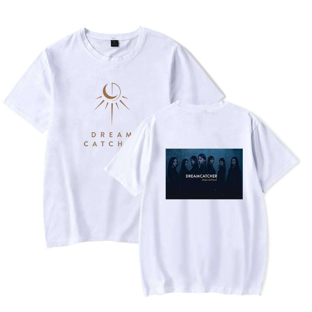 Dream Catcher white T-shirt with moon and sun design on front and group photo on back, perfect for fans.