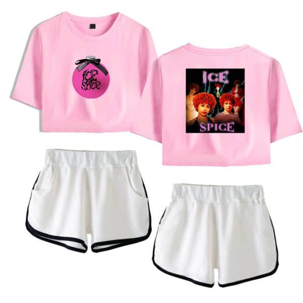 Pink graphic crop top and shorts casual outfit for women featuring ICE Spice print merchandise.