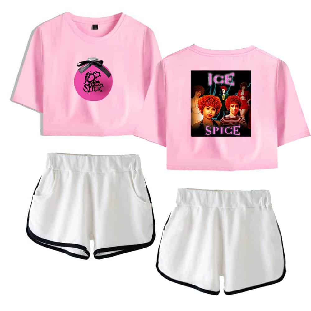 Pink graphic crop top and shorts casual outfit for women featuring ICE Spice print merchandise.