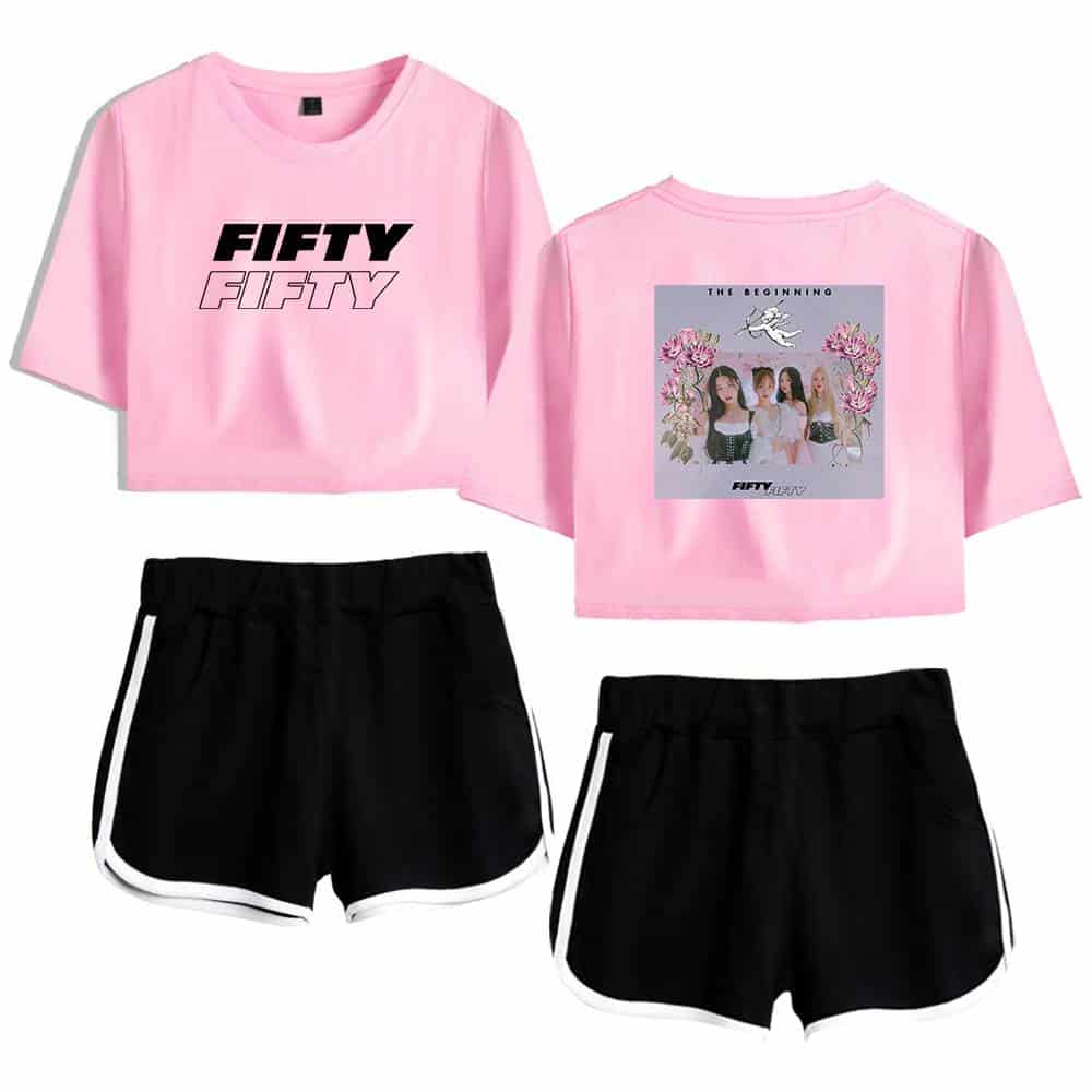 Fifty Fifty girls' pink cropped t-shirt and black athletic shorts set with white trim, featuring graphic and photo designs.