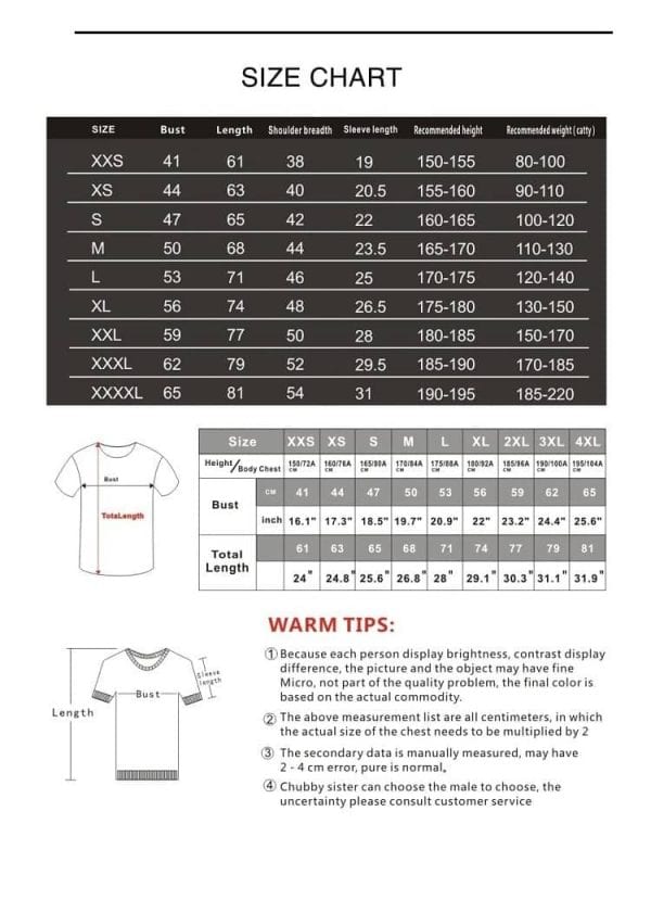 XXXL merch t-shirt size chart, including measurements for bust and length, with warm tips for accurate sizing and measurement guidance.