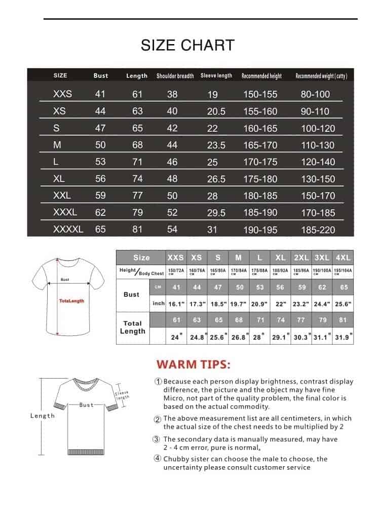 XXXL merch t-shirt size chart, including measurements for bust and length, with warm tips for accurate sizing and measurement guidance.