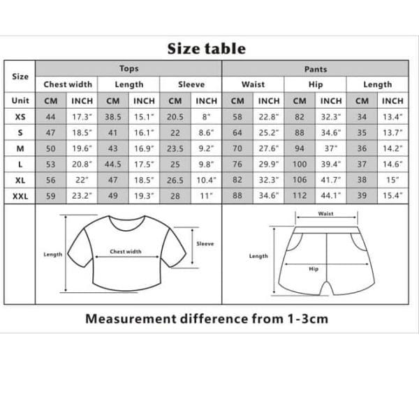 - alt text: Size chart for women's clothing, including tops and pants measurements for various sizes like XS, S, M, L, XL, and XXL.