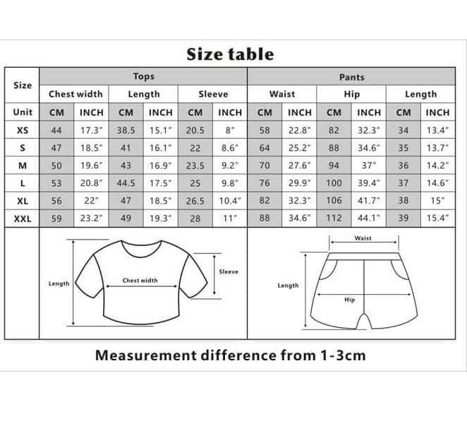 Size chart, clothing measurement guide, shirt and pants dimensions for various sizes, detailed sizing specifications, customer sizing reference chart.