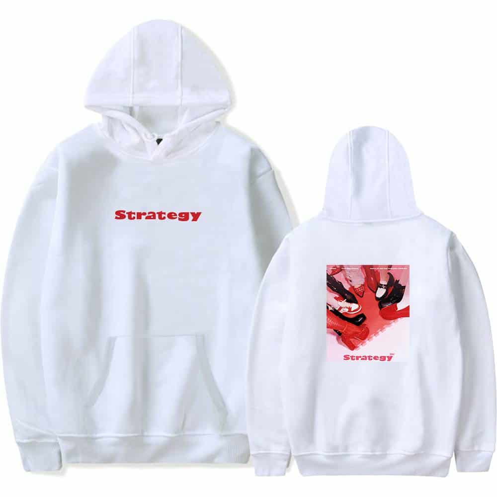 Strategy hoodie with front and back design, featuring bold red text and dynamic graphic print, perfect for streetwear and casual style.
