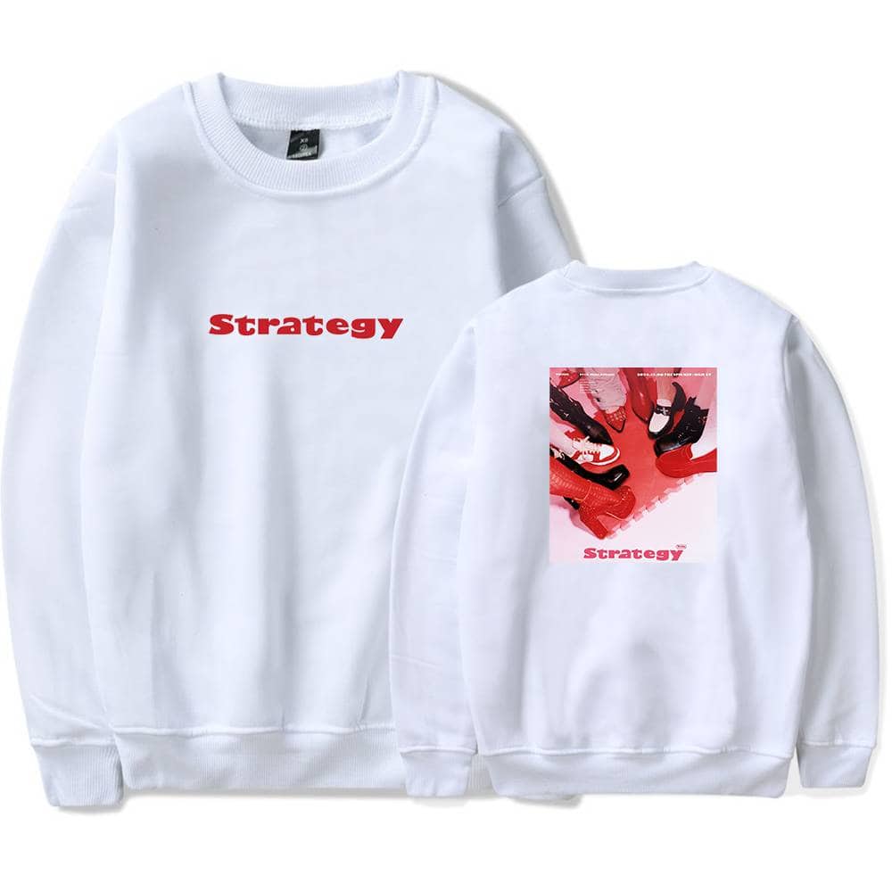 Strategy sweatshirt with bold red text front and vibrant graphic back featuring sneakers design.