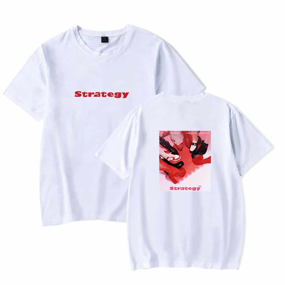 Strategy t-shirt with bold red text and graphic design featuring multiple shoes on the back, casual streetwear style, perfect for sneaker enthusiasts and fashion-forward individuals.
