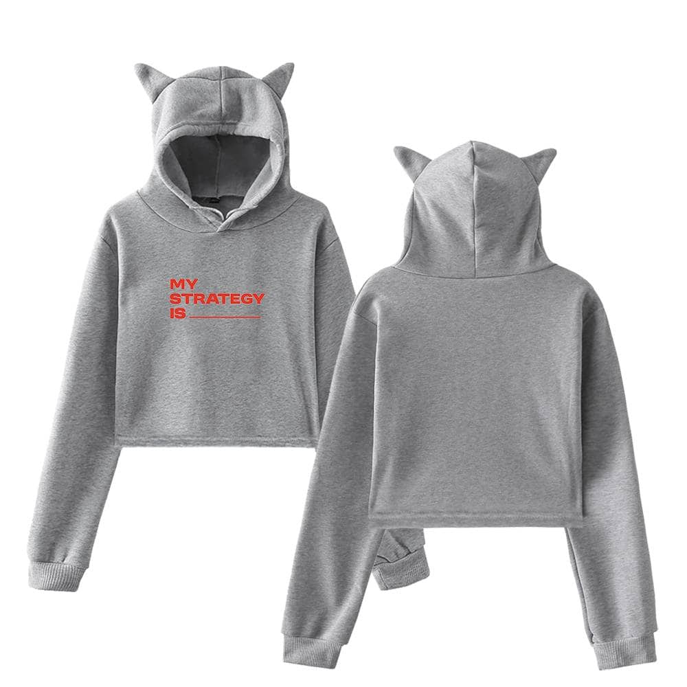MY STRATEGY IS___ hoodie with cat ears and matching sweatpants in gray. The hoodie features playful text in bold red, creating a stylish and cozy look perfect for casual wear.