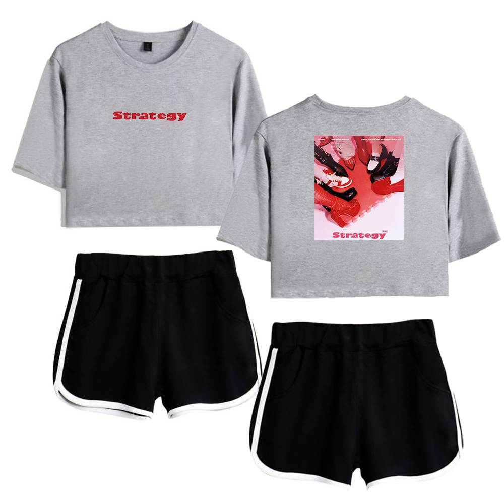 Strategy sweatshirt with red text, casual sporty shorts, and graphic t-shirt featuring shoes collage, trendy streetwear ensemble.
