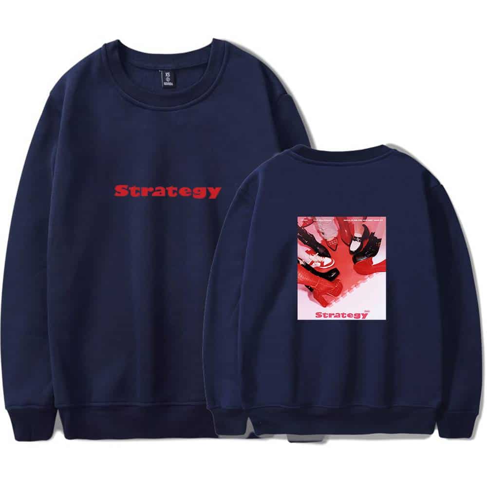 Strategy sweatshirt with red text on front and artistic graphic design on back featuring a group of shoes in various styles and colors. perfect for streetwear or casual fashion.