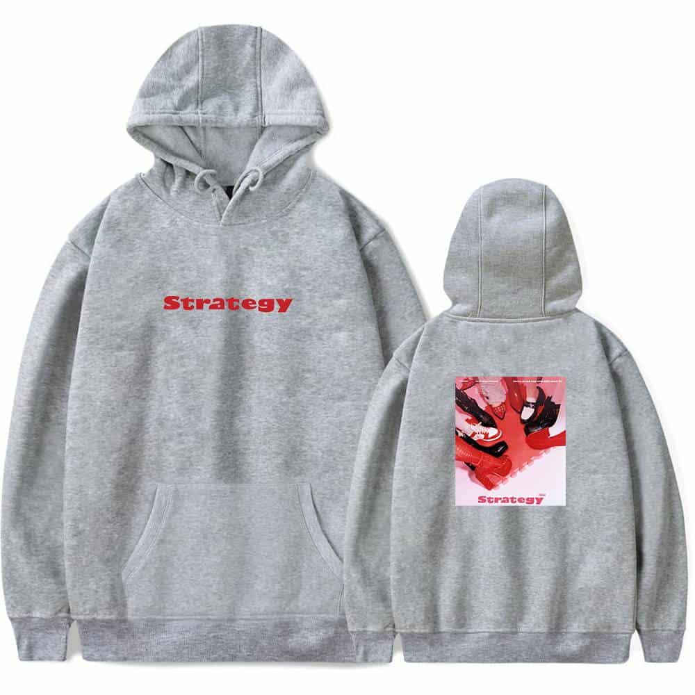 Strategy hoodie with front and back designs featuring bold red text and graphic imagery, perfect for streetwear style.