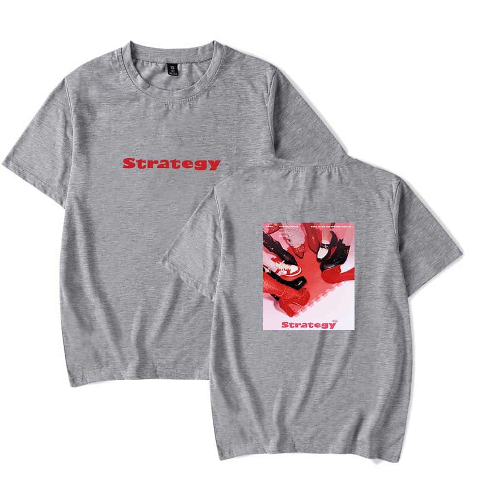Strategy t-shirt with graphic design and bold red text, casual streetwear for fashion enthusiasts.