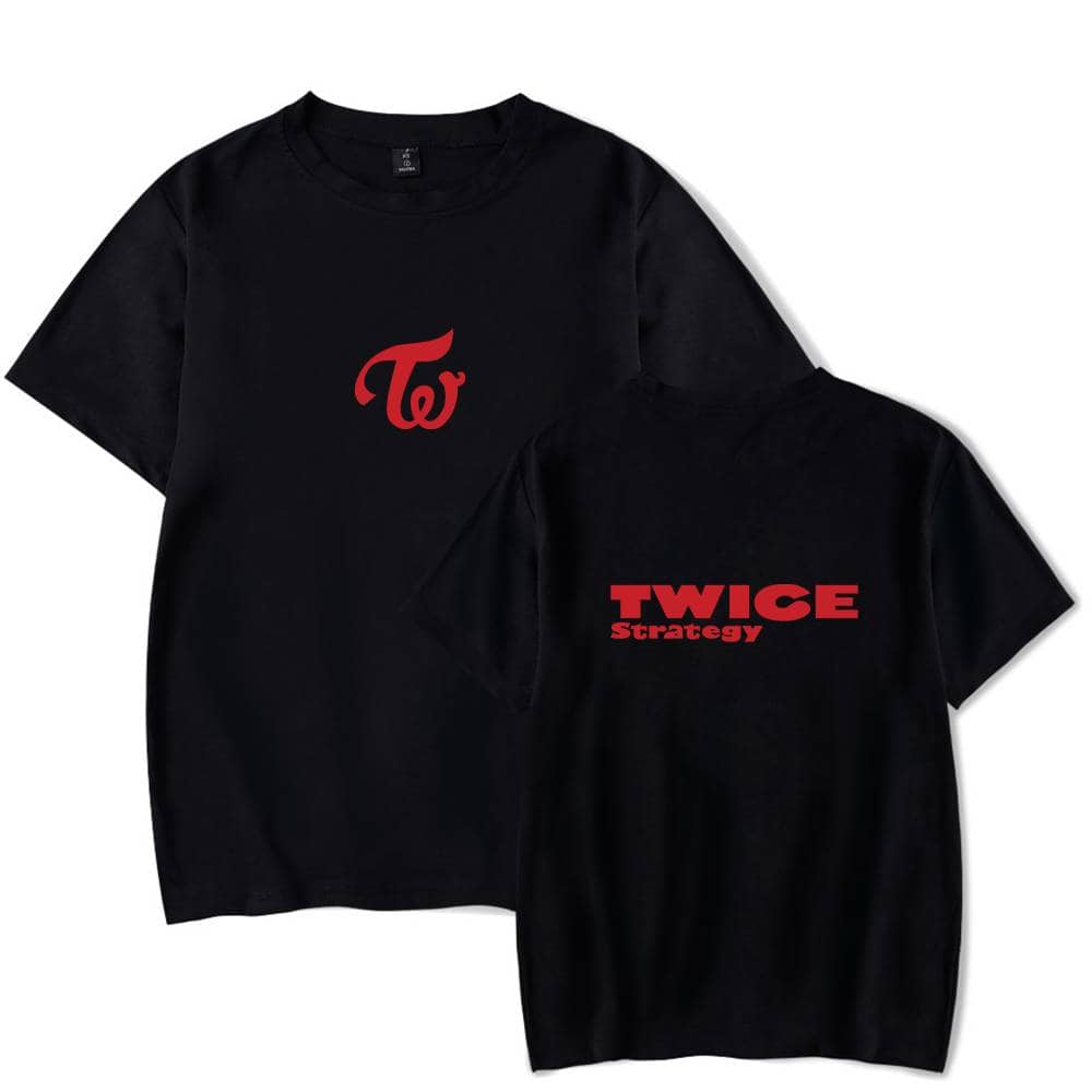 Twice strategy t-shirt black with red logo design and text casual streetwear merchandise for fans and supporters of the K-pop group.