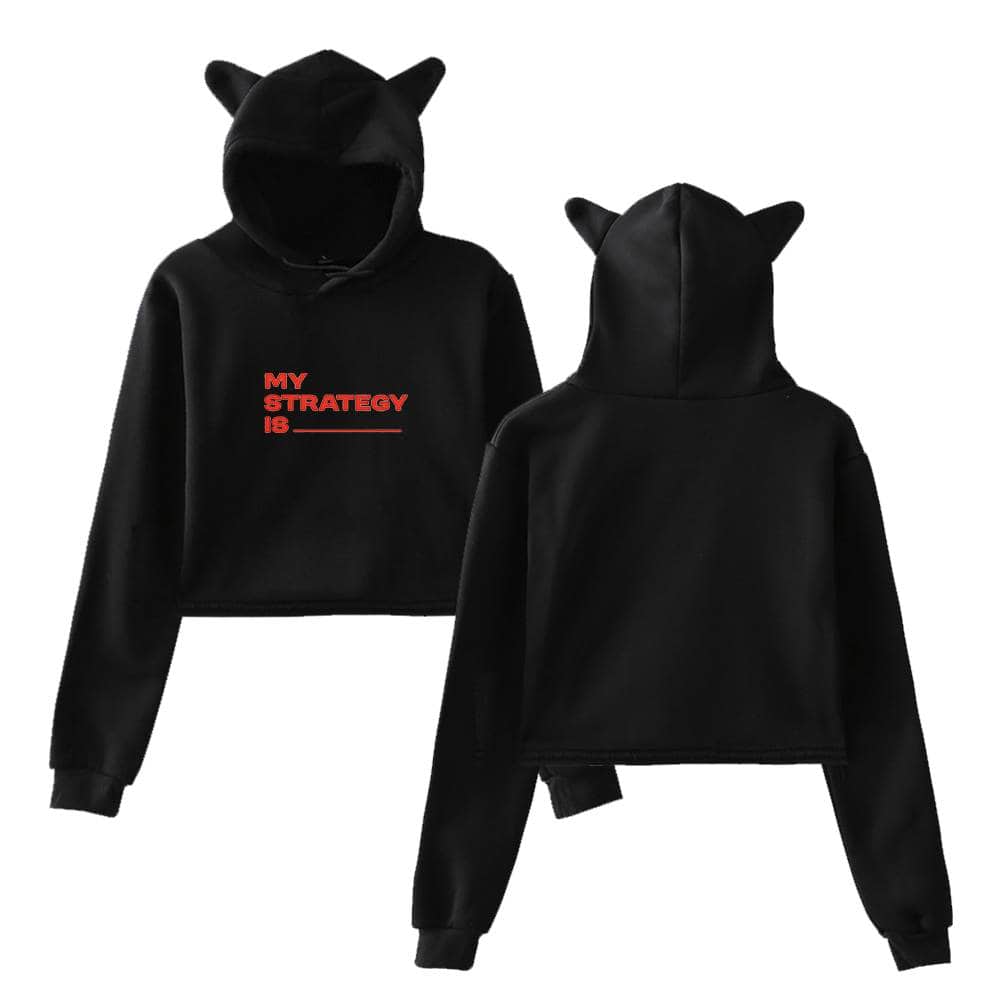 Black hoodie with cat ears and red "MY STRATEGY IS" text print for kids and teens. Stylish, comfy, and perfect for casual wear or as a gift. Features a cute animal-inspired hood design.
