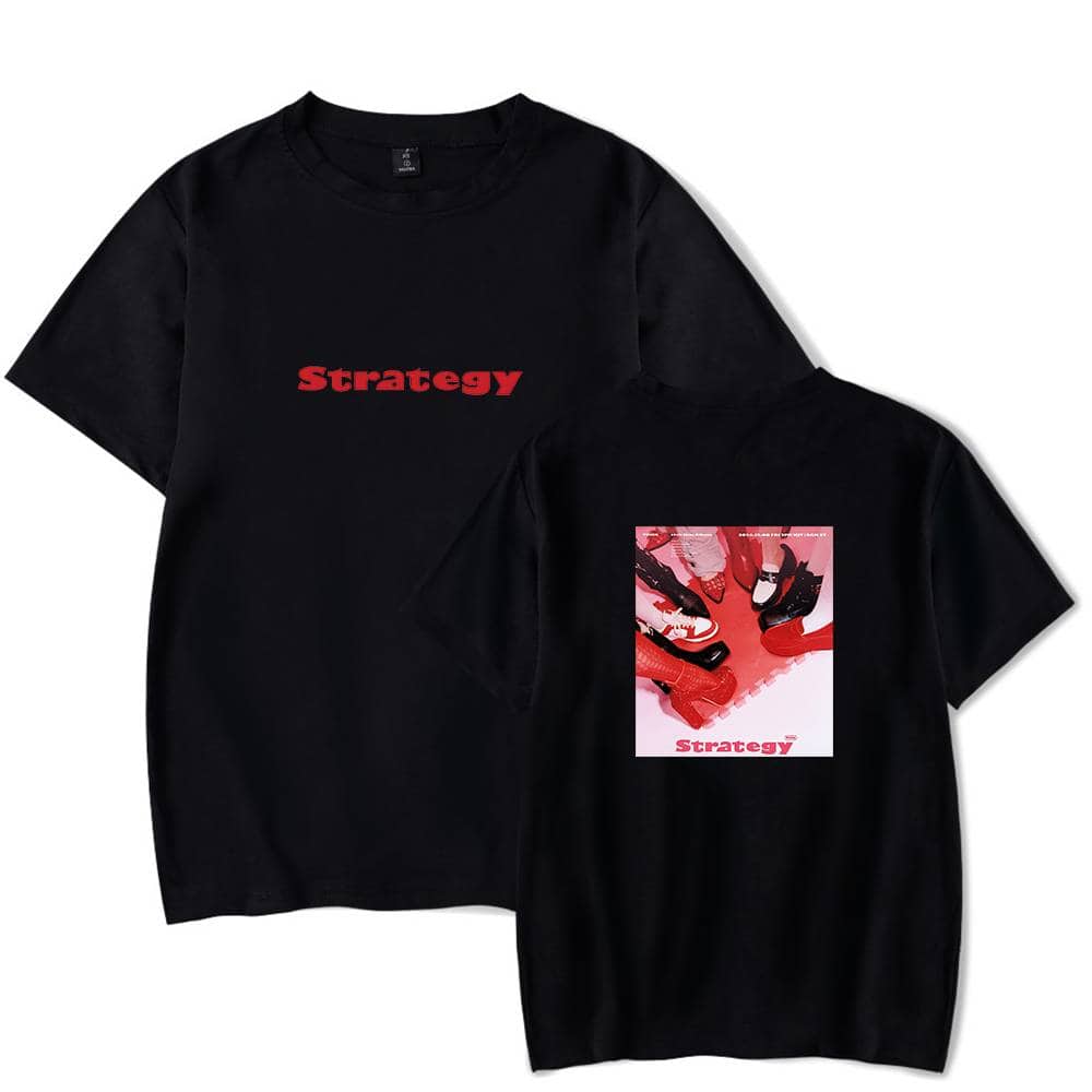 Strategy t-shirt with bold red text and graphic footwear design on the back showcasing trendy streetwear merch.
