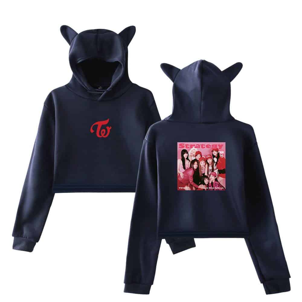 TW logo cropped hoodie with cat ears, trendy streetwear for fans of K-pop and stylish casual fashion, featuring a cute animal-inspired hood design.