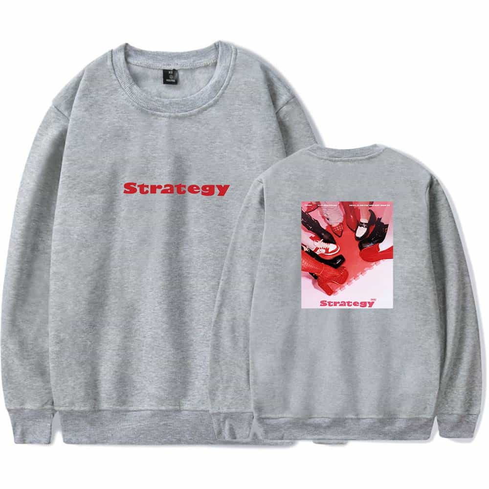 Strategy sweatshirt with bold red text on the front and a vibrant graphic design on the back featuring sneakers and the word "Strategy". perfect for streetwear fashion enthusiasts.