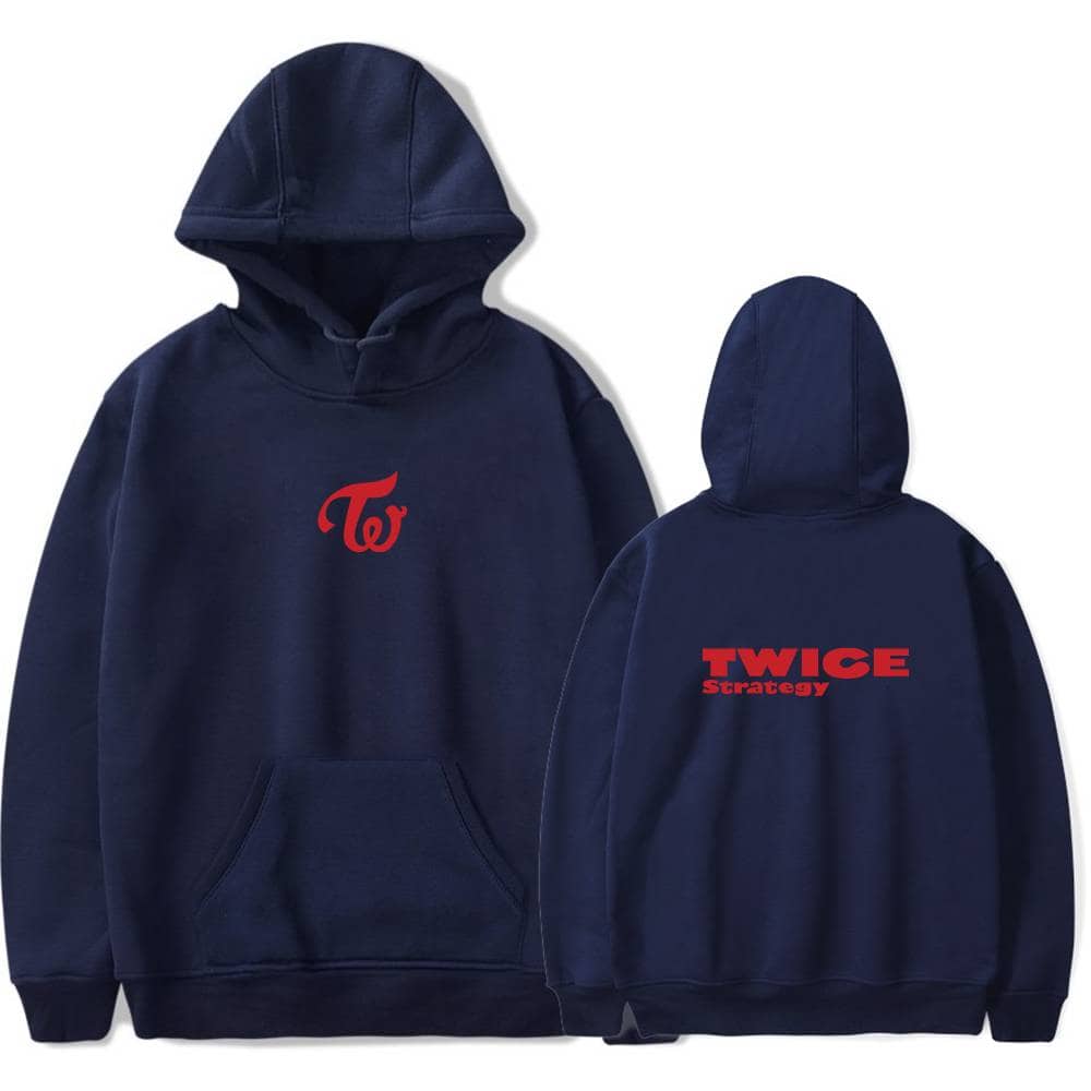 TWICE hoodie with the group's logo on the front and "TWICE Strategy" text on the back, navy blue color, casual streetwear style, perfect for fans.