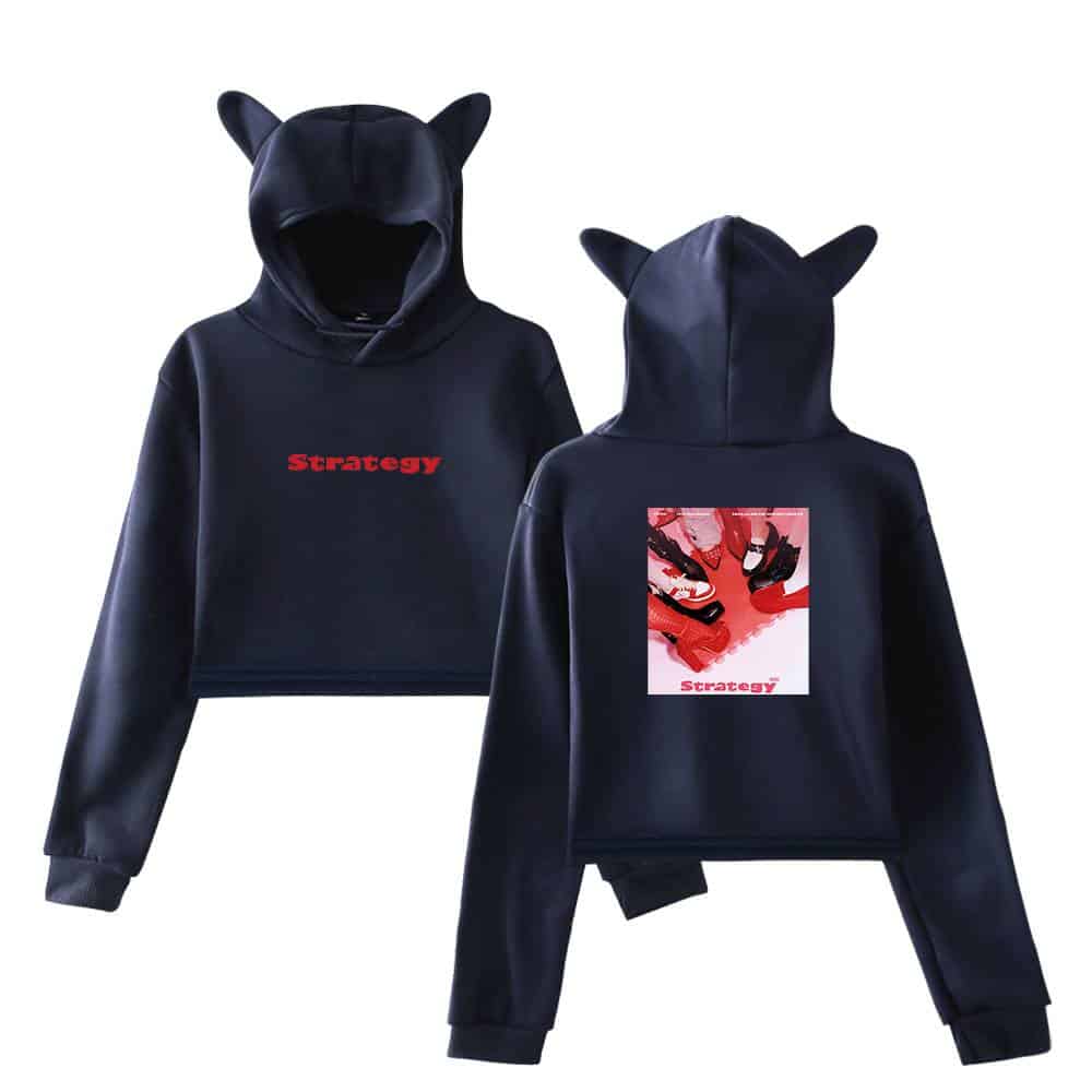 Strategic black hoodie with cute cat ears hood and graphic design featuring a group of shoes and the word "Strategy" in red on the back. Perfect for casual wear or street fashion.