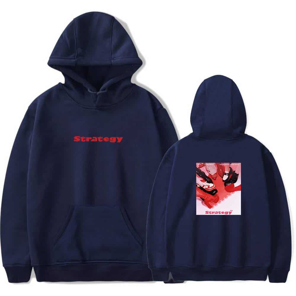 Strategy hoodie with front and back design.