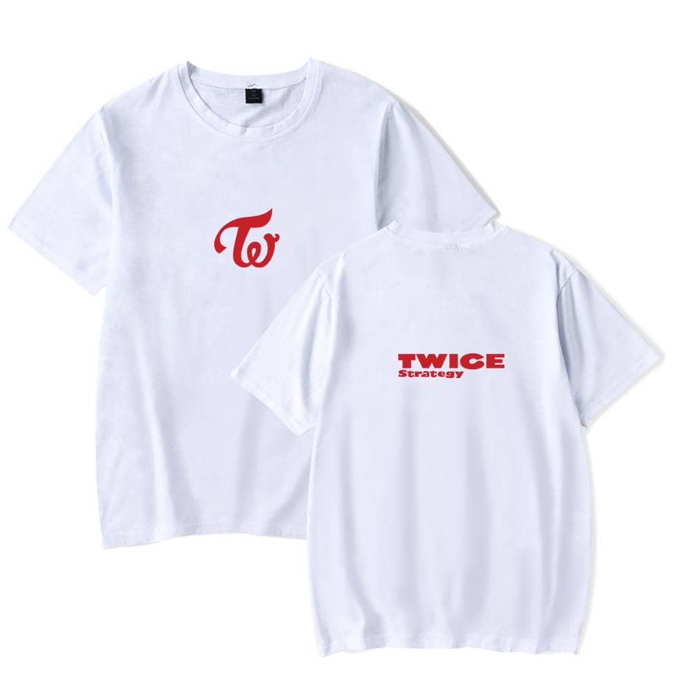 TWICE strategy white t-shirt with TWICE logo on front and text on back, casual wear, perfect for fans, comfortable cotton material, unisex design, ideal for concerts and everyday wear.
