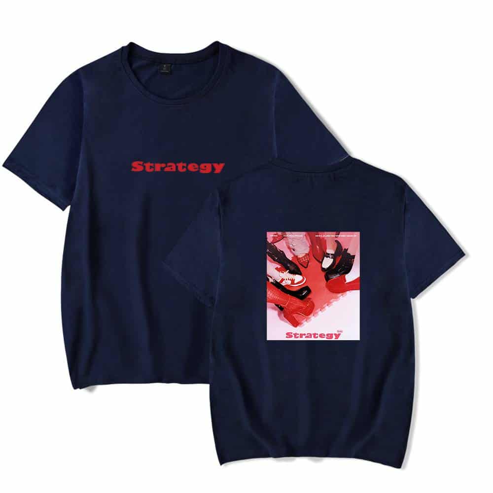 Strategy t-shirt with red text design, featuring a photo of shoes on the back and the word "Strategy" in bold red font on the front. perfect for fashion-forward streetwear enthusiasts.