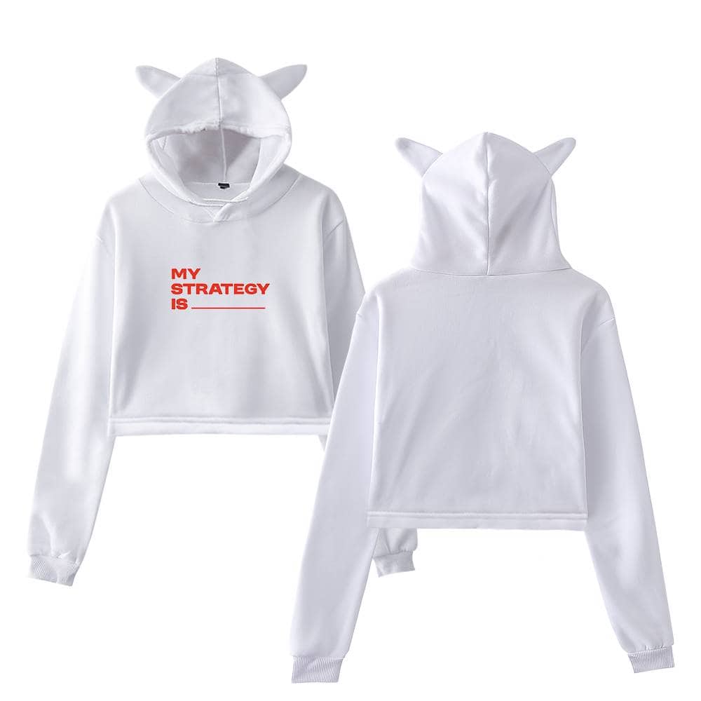 White cropped hoodie with a front red text print reading "MY STRATEGY IS ____" and a hood with cute unicorn ears, made from soft fabric perfect for casual wear.
