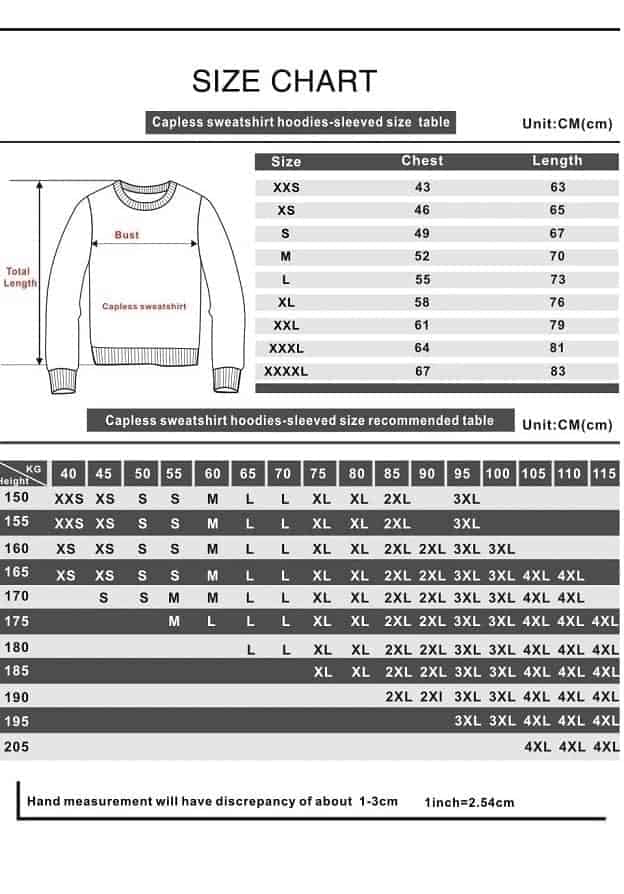 High-quality unisex capless sweatshirt hoodie with size chart for various fits and measurements, suitable for promotional merchandise and apparel marketing.